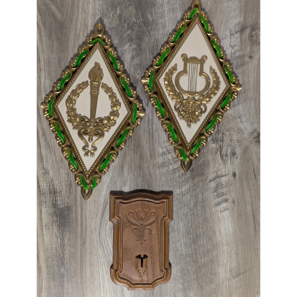 Vintage Homco 1971‎ Gold Green Velvet Lyre Torch Wall Plaques Bracket Set of 3